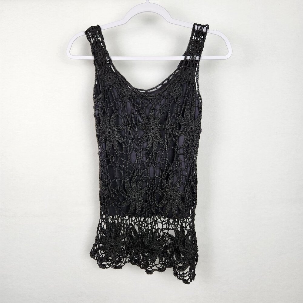 Maria Morena Womens Floral Crochet Mesh Tank Top Size S (estimated) Black